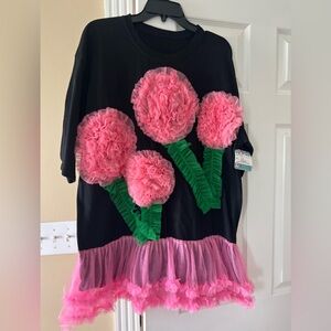Black Tee with Pink 3D Floral Appliqués